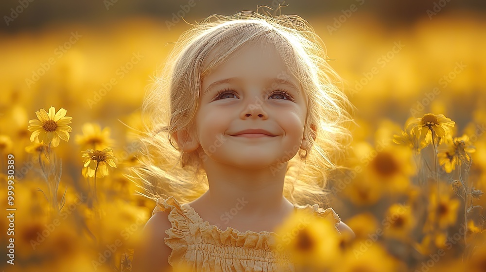 side view of happy small toddler girl standing in nature in rapeseed field side view of happy small toddler girl standing in nature in rapeseed field