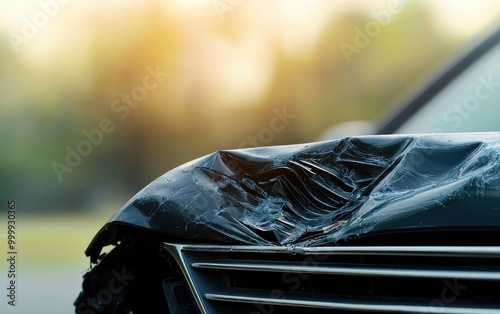 Close-up of a damaged car hood with crumpled black material, showcasing the aftermath of an accident in a blurred background.