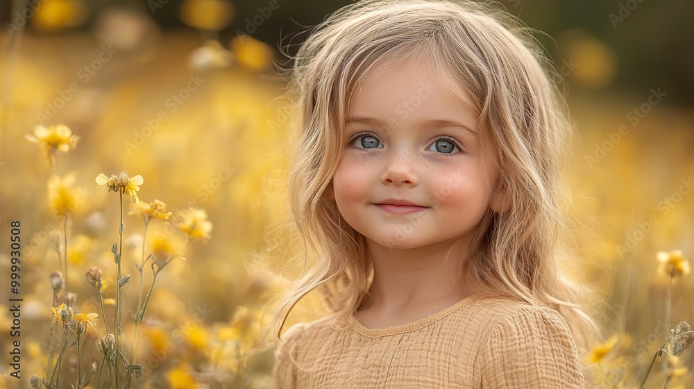 side view of happy small toddler girl standing in nature in rapeseed field side view of happy small toddler girl standing in nature in rapeseed field