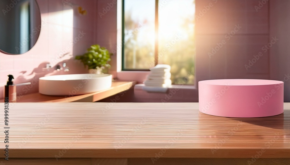 Wooden countertop with pink podium against bathroom background. Empty tabletop with a platform for presenting a beauty product. Stand mockup with overlay of sunlight from a window. Stand with sunligh