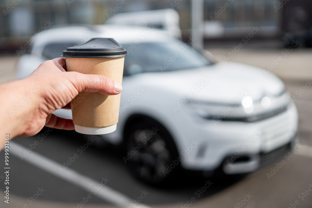 Close-up of a hand holding a disposable coffee cup with a lid, against a blurred background featuring a white car. Ideal for themes related to urban lifestyle, takeaway beverages, or commuting. Close-up of a hand holding a disposable coffee cup with a lid, against a blurred background featuring a white car. Ideal for themes related to urban lifestyle, takeaway beverages, or commuting.
