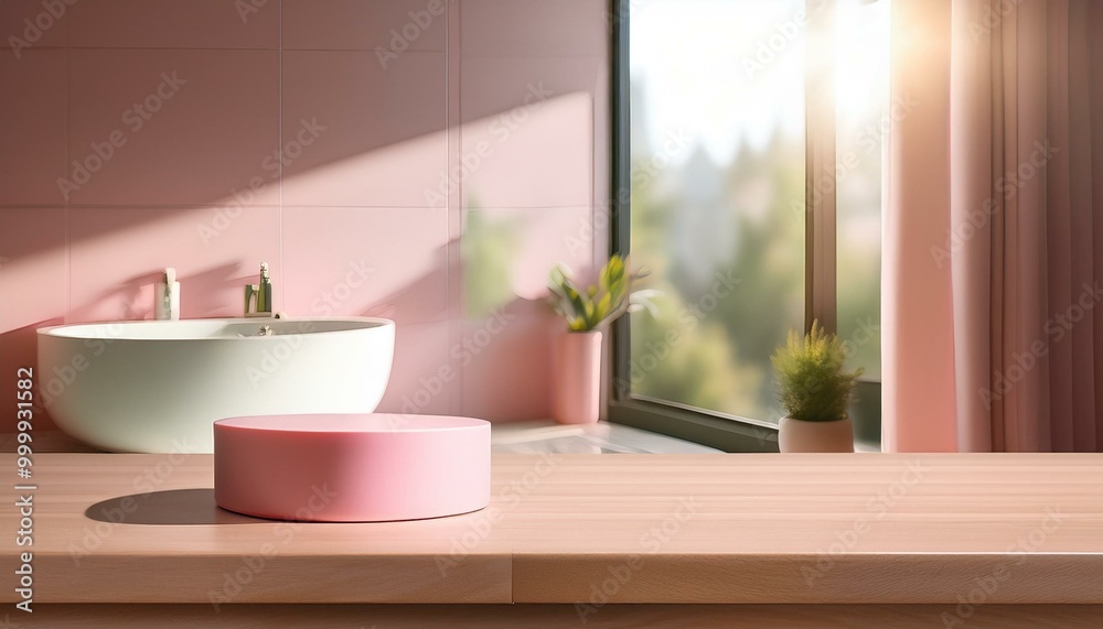 Fototapeta premium Wooden countertop with pink podium against bathroom background. Empty tabletop with a platform for presenting a beauty product. Stand mockup with overlay of sunlight from a window. Stand with sunligh