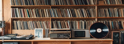 47. A collection of vinyl records on a stylish shelf