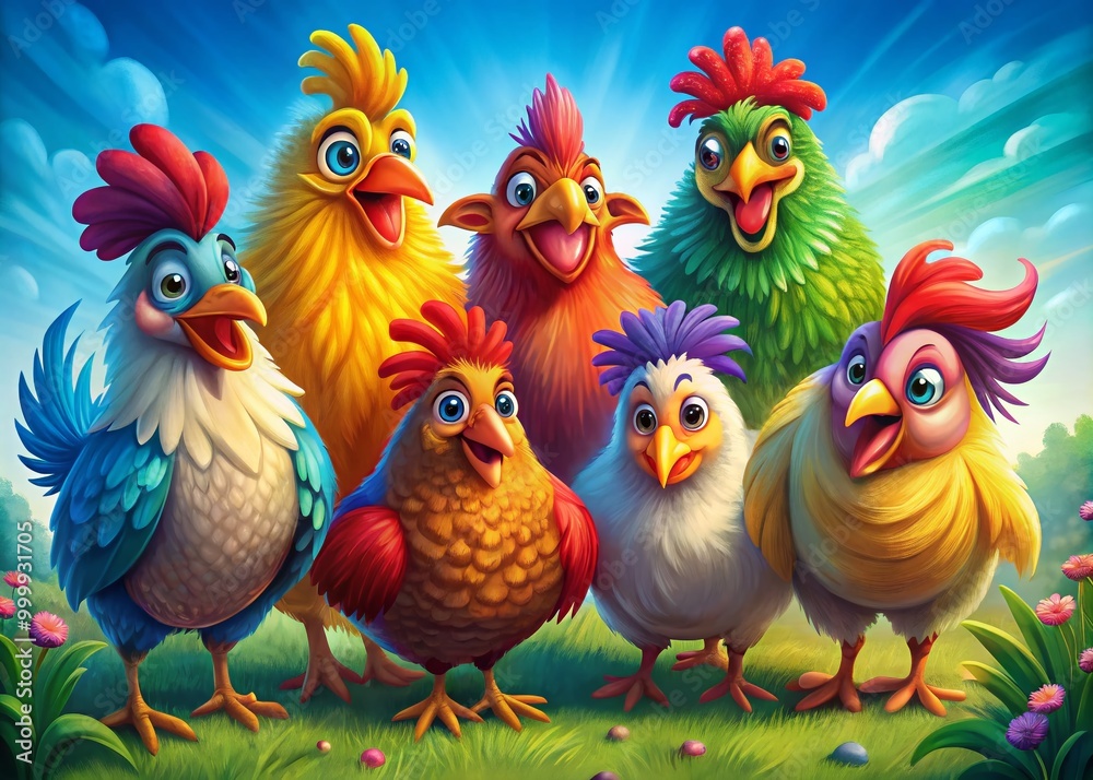 Fototapeta premium Colorful Cartoon Chickens in Various Funny Poses for Playful Illustrations and Creative Projects