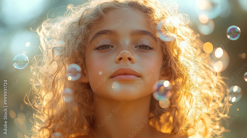 small girl blowing bubbles outdoors in garden in summer small girl blowing bubbles outdoors in garden in summer