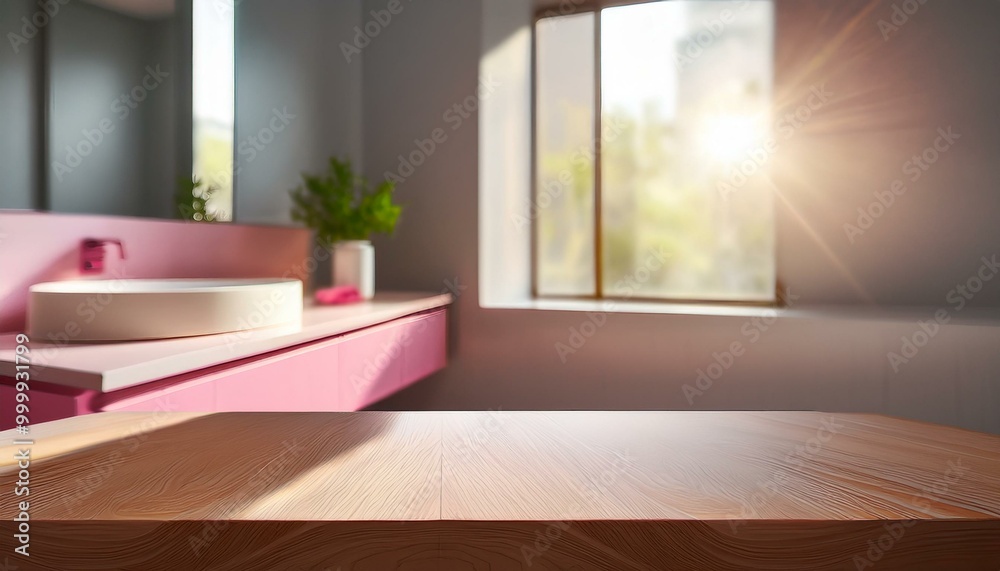 Fototapeta premium Wooden countertop with pink podium against bathroom background. Empty tabletop with a platform for presenting a beauty product. Stand mockup with overlay of sunlight from a window. Stand with sunligh