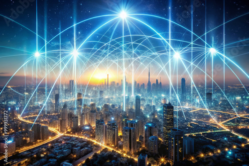 Wallpaper Mural vibrant cybernetic landscape illuminated by radiant connections, showcasing futuristic city skyline at sunset. glowing arcs symbolize advanced technology and connectivity Torontodigital.ca