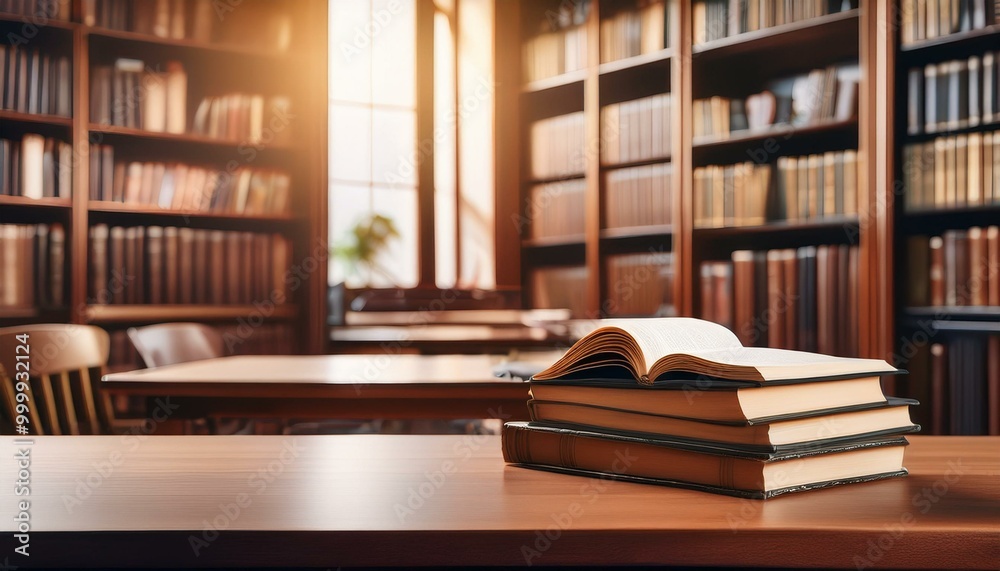 Fototapeta premium Workplace with a not book on the desk, and bookshelf in the library Background.