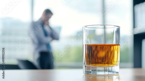 A man is sitting at a table with a glass of alcohol in front of him, represents stress and pressure from the environment and work.