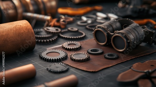 A collection of vintage tools and gears on a textured surface, showcasing craftsmanship and steampunk aesthetics. photo