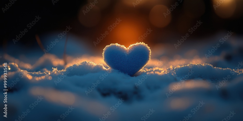 Fototapeta premium A heart shaped snowdrift, glistening with the warmth of the setting sun, symbolizing a love that endures even in the coldest of winters.