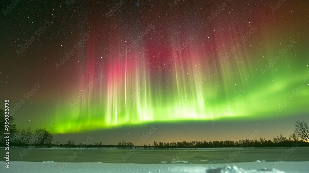 Vibrant aurora borealis dancing over snowy fields at night Vibrant aurora borealis dancing over snowy fields at night