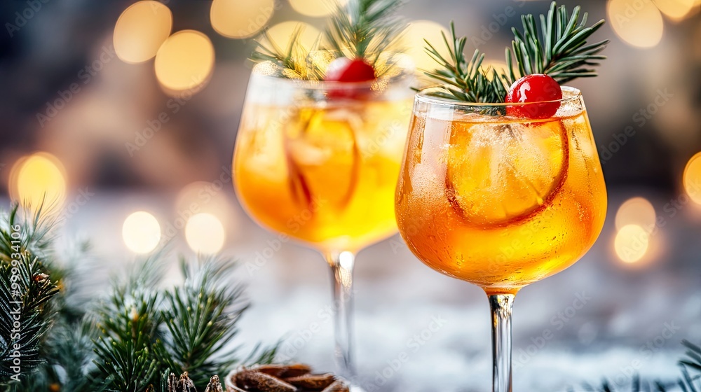 Festive cocktails garnished with cherries and herbs. Festive cocktails garnished with cherries and herbs.