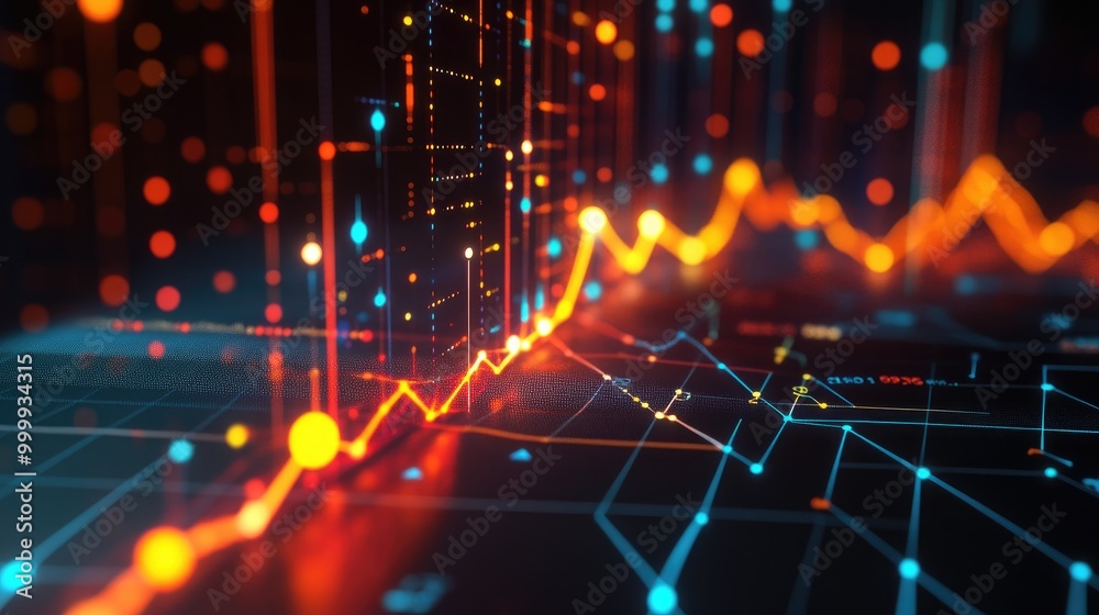 Fototapeta premium An interactive 3D line graph illustrating sales growth over the years, with glowing data points and grid lines that enhance the visualization.
