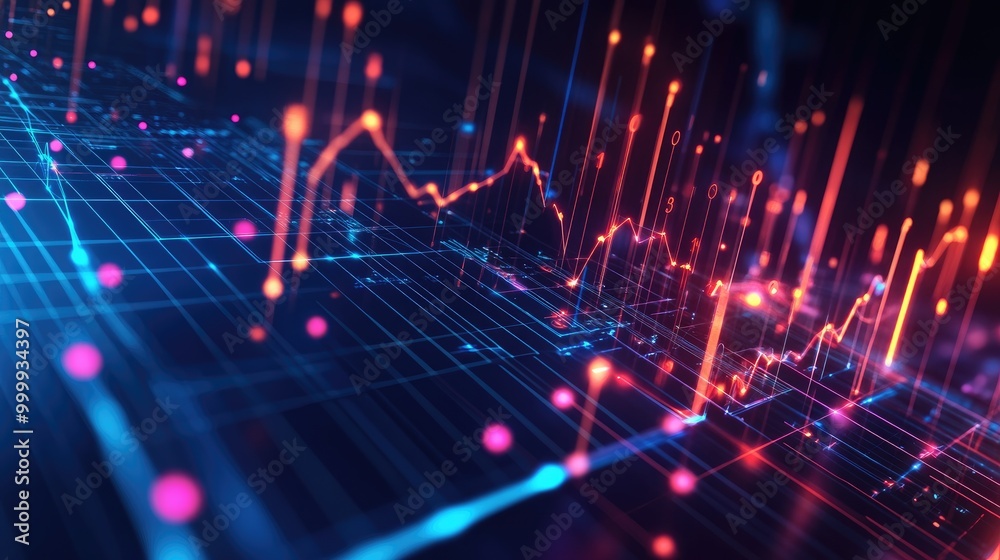 An interactive 3D line graph illustrating sales growth over the years, with glowing data points and grid lines that enhance the visualization. An interactive 3D line graph illustrating sales growth over the years, with glowing data points and grid lines that enhance the visualization.