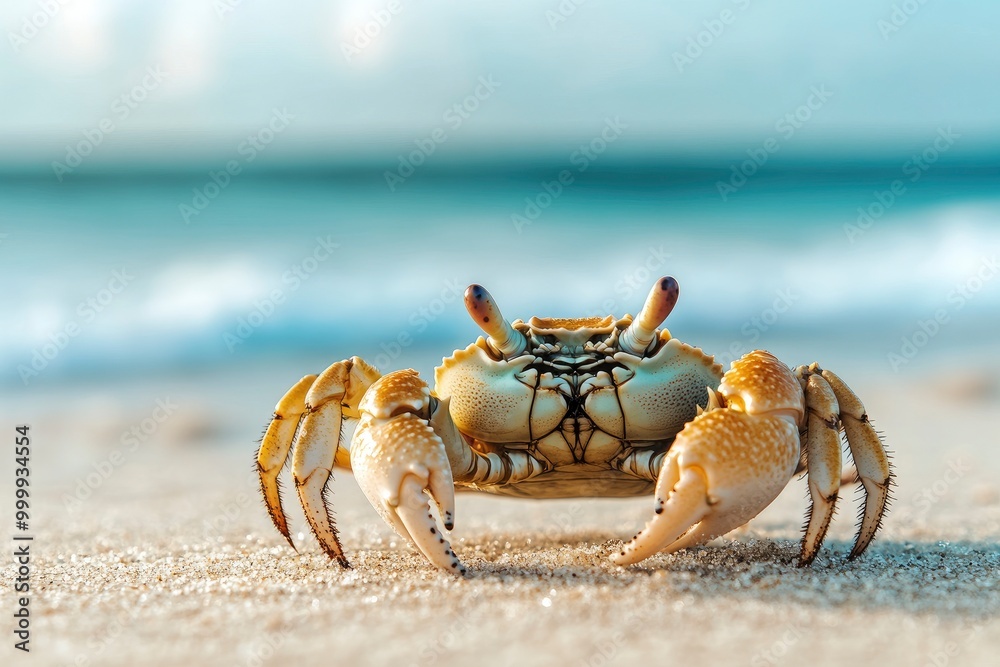 A close-up shot of a crab on a sandy beach. Funny animals in wildlife generative ai
