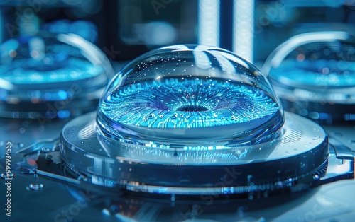 Close up of a futuristic, glowing blue orb on a reflective surface.  The orb has a metallic base.