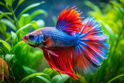 Colorful Chinese Fighting Fish Swimming Gracefully in a Vibrant Aquarium with Lush Green Plants