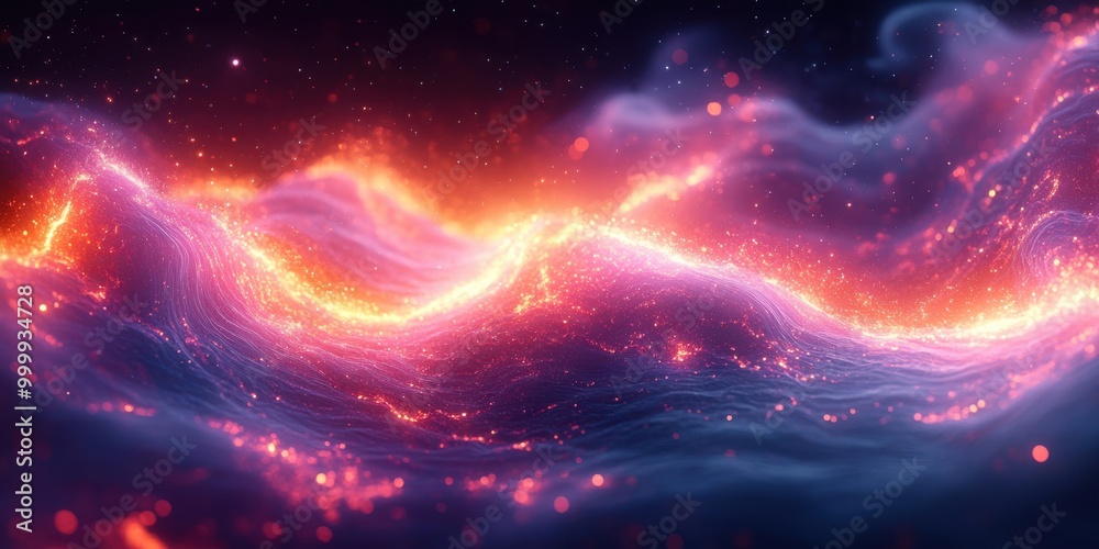 A Serene Symphony of Glowing Particles and Wavy Lines, Dancing in a Dreamlike Aurora of Purple and Orange Hues A Serene Symphony of Glowing Particles and Wavy Lines, Dancing in a Dreamlike Aurora of Purple and Orange Hues