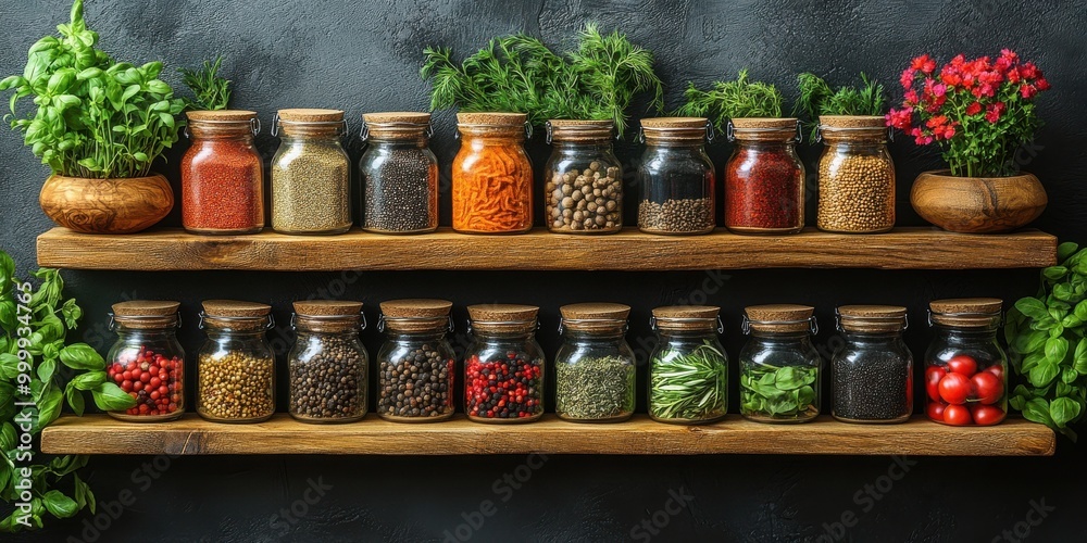 A rustic wooden shelf displaying a collection of glass jars filled with various dried spices and herbs, showcasing a diverse array of culinary flavors