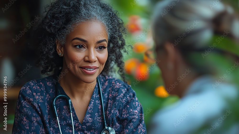 thoughful nurse examining senior patient with stethoscope at her home