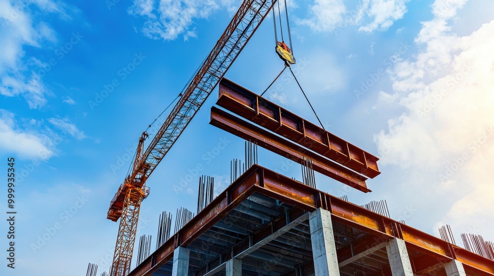 Fototapeta premium Towering Crane Lifting Steel Beams at Urban Construction Site