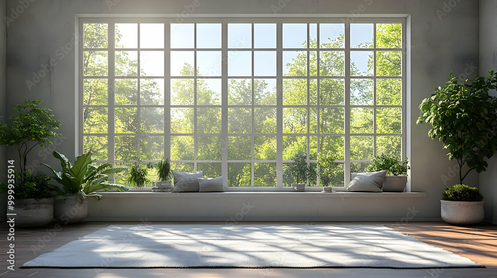 Fototapeta premium Sunbeams Through Large Window in Modern Room with Plants and Rug