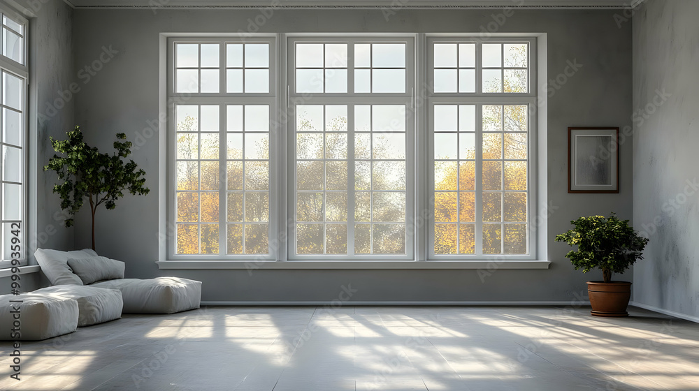 Modern Living Room with Large Windows and Sunbeams Modern Living Room with Large Windows and Sunbeams
