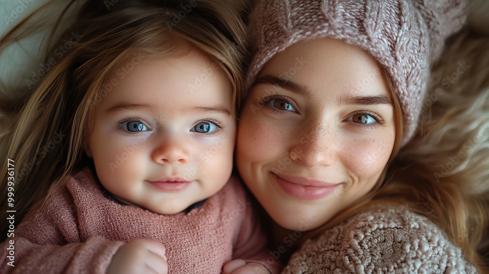 top view of happy young mother with her newborn baby girl lying on sofa indoors at home top view of happy young mother with her newborn baby girl lying on sofa indoors at home