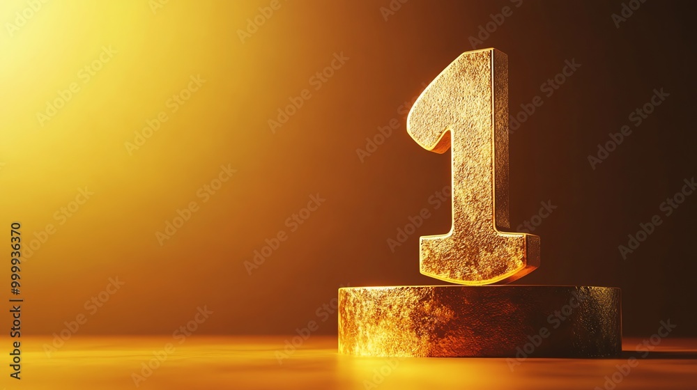 A golden number one on a golden pedestal. A golden number one on a golden pedestal.