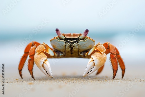 A close-up shot of a crab on a sandy beach. Funny animals in wildlife generative ai