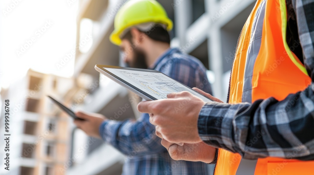 Construction worker inspecting project on digital tablet at construction site Construction worker inspecting project on digital tablet at construction site