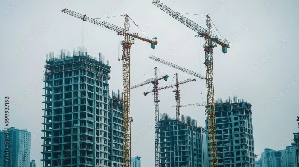 Cranes Towering Over Skyscrapers in a Thriving Urban Landscape Cranes Towering Over Skyscrapers in a Thriving Urban Landscape