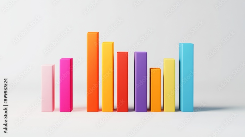 A 3D bar chart with vibrant bars in varying heights, placed on a white background with clean shadows and labels, perfect for visualizing business or financial data. A 3D bar chart with vibrant bars in varying heights, placed on a white background with clean shadows and labels, perfect for visualizing business or financial data.
