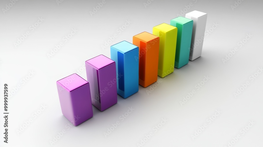 A 3D bar chart with vibrant bars in varying heights, placed on a white background with clean shadows and labels, perfect for visualizing business or financial data. A 3D bar chart with vibrant bars in varying heights, placed on a white background with clean shadows and labels, perfect for visualizing business or financial data.