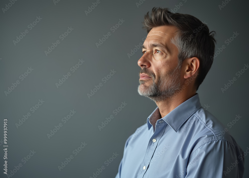 Mature man with contemplative expression gazing upward against gray background with copy space Mature man with contemplative expression gazing upward against gray background with copy space
