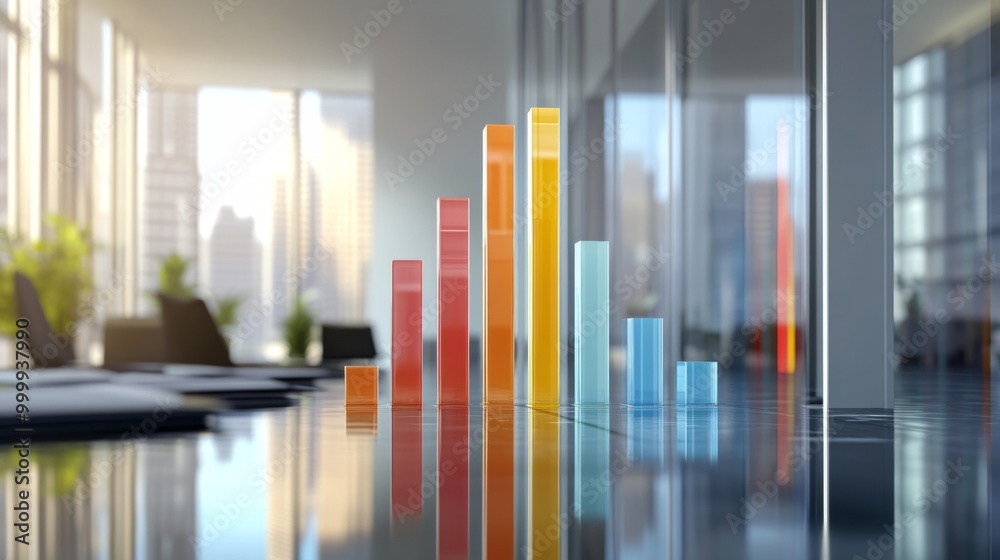 A 3D bar graph showcasing business profits, with bold, stacked bars representing various revenue streams, set on a reflective surface in a modern office setting