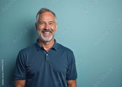 Cheerful Mature Man Smiling Confidently Against Teal Background with Copy Space