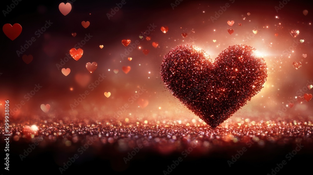 Fototapeta premium A sparkling red heart formed from glitter rests on a shimmering background of red and gold light, surrounded by smaller hearts floating in the air.