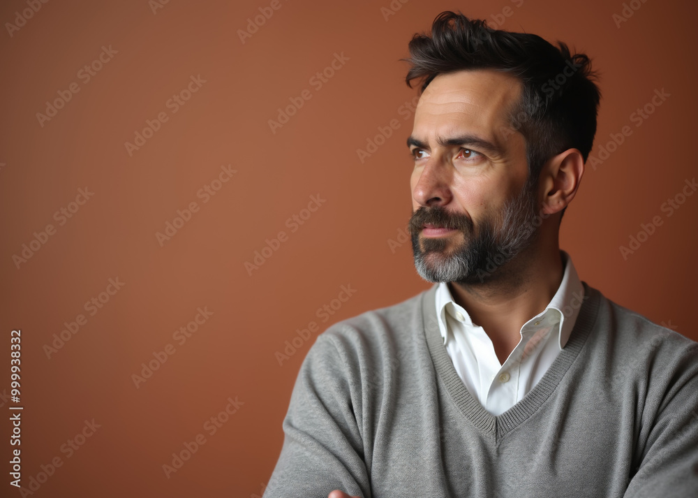 Obraz premium Mature man with thoughtful expression looking away against terracotta background with copy space