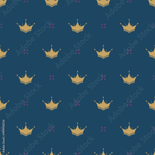 Seamless pattern of royal golden crown and purple decorative elements on dark blue background.Purple decorative elements are carefully placed between the crowns,creating a sophisticated & refined look