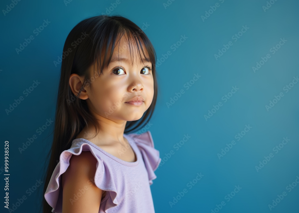Young girl with curious expression looking up against teal background with copy space Young girl with curious expression looking up against teal background with copy space