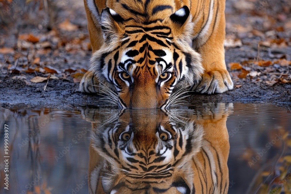 Naklejka premium A magnificent Bengal Tiger and his reflection while drinking water -generative ai