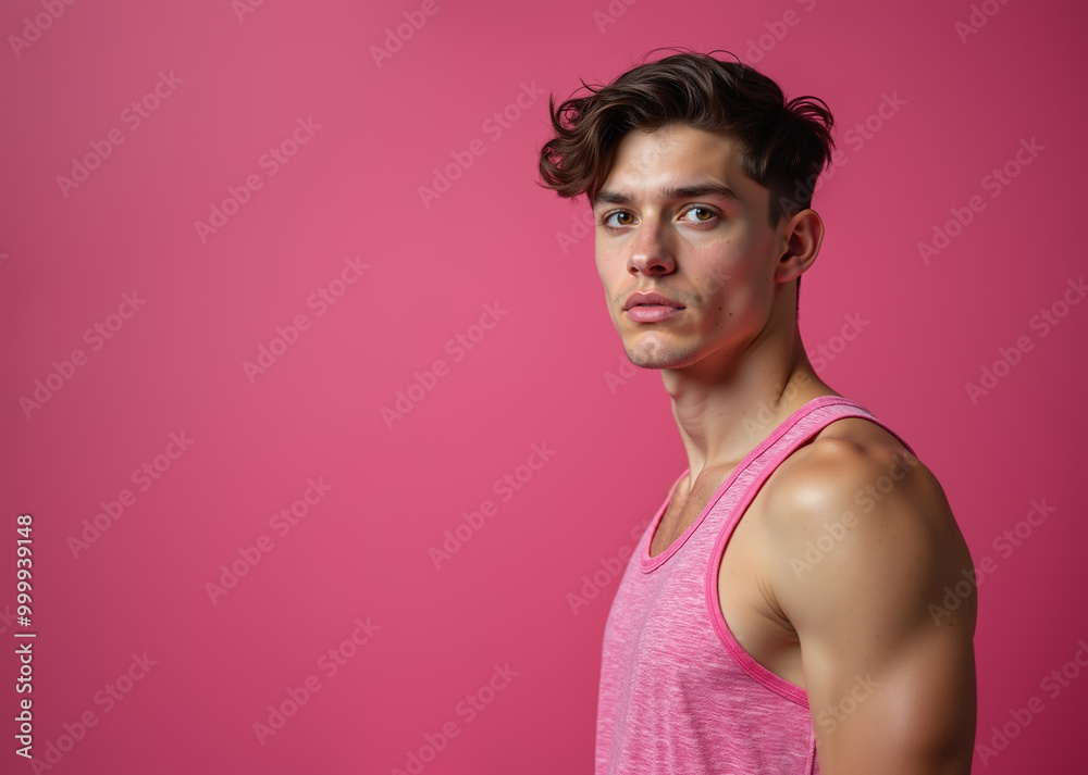 Confident Young Man with Styled Hair Posing Against Pink Background with Copy Space Confident Young Man with Styled Hair Posing Against Pink Background with Copy Space