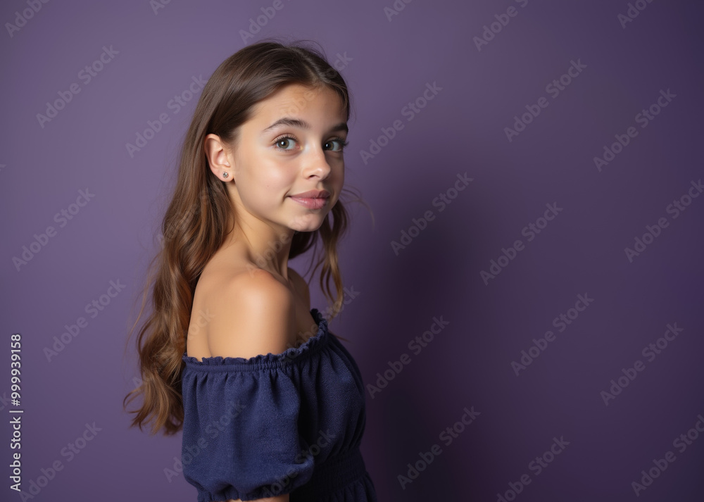 Young Woman with Confident Smile Posing Gracefully Against Purple Background with Copy Space Young Woman with Confident Smile Posing Gracefully Against Purple Background with Copy Space