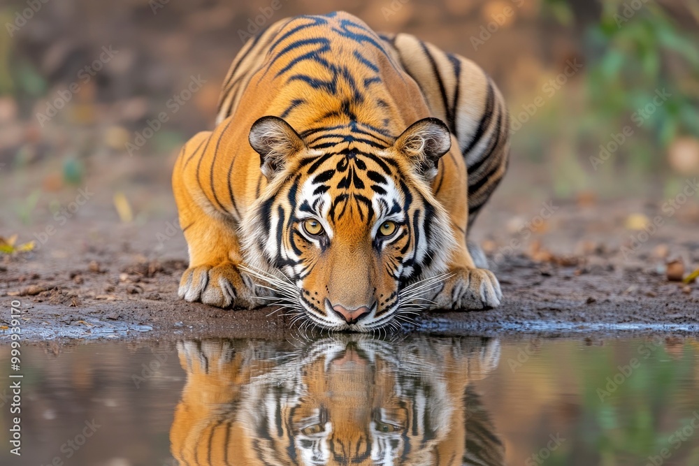 Naklejka premium A magnificent Bengal Tiger and his reflection while drinking water -generative ai