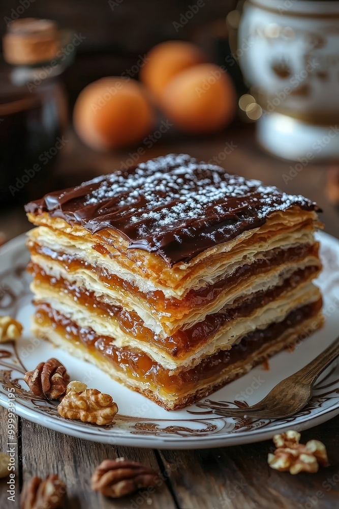 Zserbó: A layered pastry filled with walnuts and apricot jam, topped with a chocolate glaze.