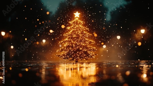 A glistening Christmas tree stands tall, adorned with twinkling lights, surrounded by falling snow and a reflection of festive magic in the wet pavement below.