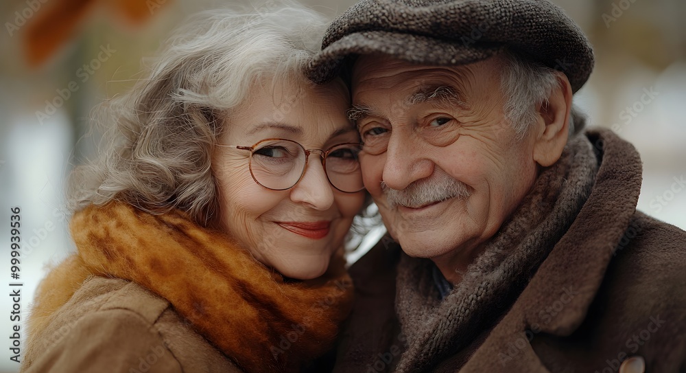 An elderly couple shares a tender moment of affection and companionship. An elderly couple shares a tender moment of affection and companionship.