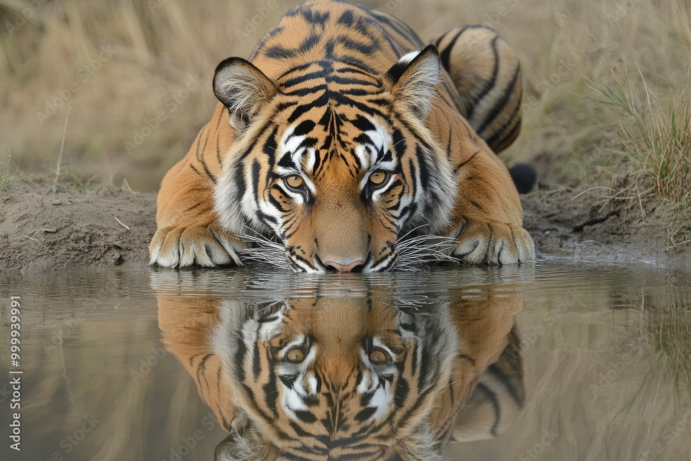 Naklejka premium A magnificent Bengal Tiger and his reflection while drinking water -generative ai